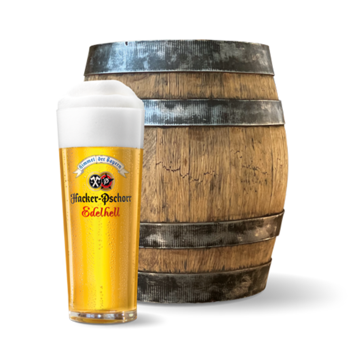 Hacker-Pschorr Edelhell im Glas vor Holzfass – Münchner Bier im Maximilians Berlin